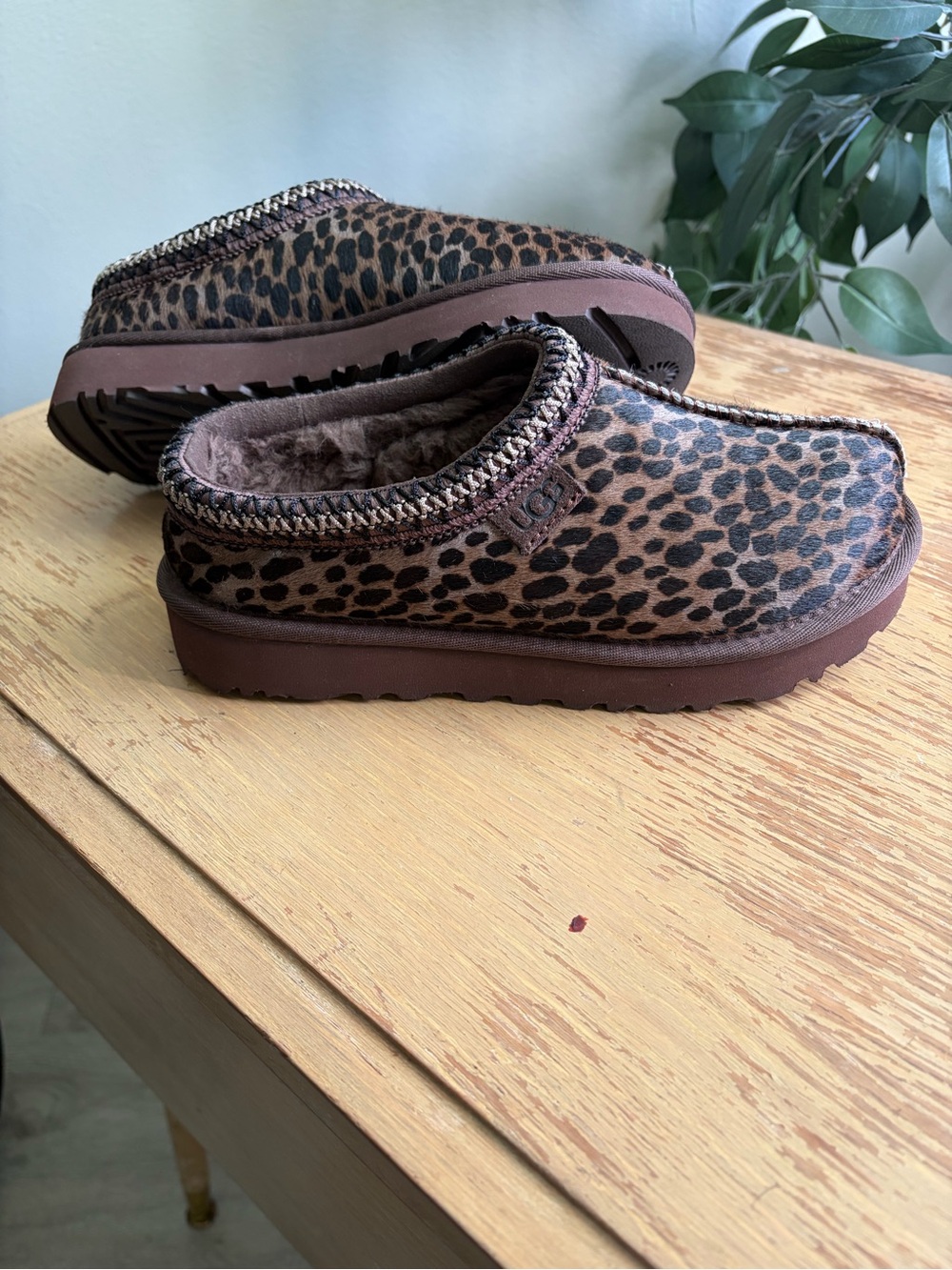 UGG Leopard Print Shearling-Lined Slip-On Slippers in Brown